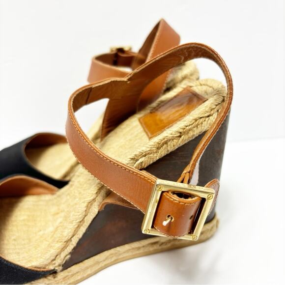 TORY BURCH CANVAS BROWN BLACK GOLD WOMEN WEDGE HEEL SANDALS SIZE 6 NO BOX - Picture 9 of 9